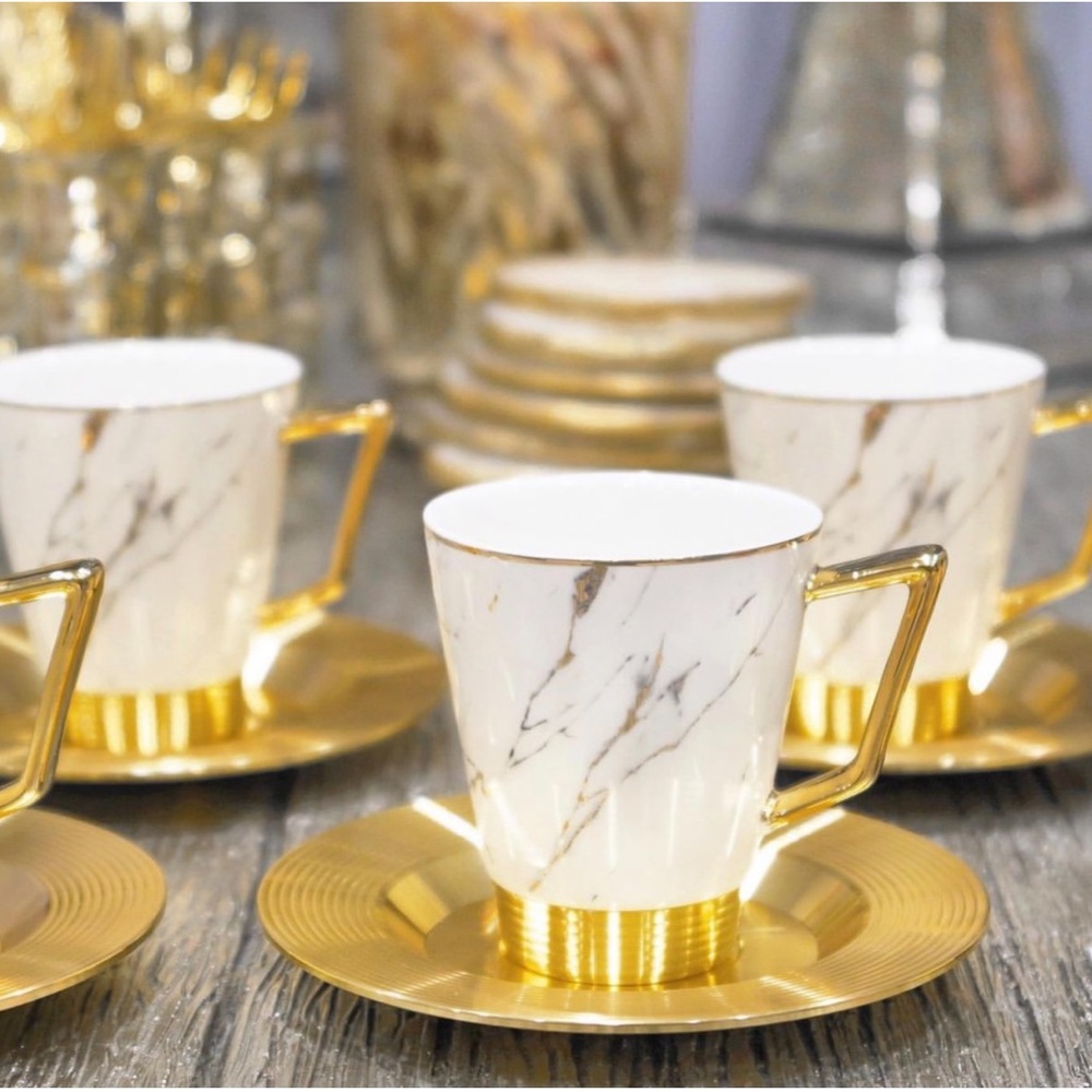 NIB espresso cups with metal saucers! White and gold set of six in box.